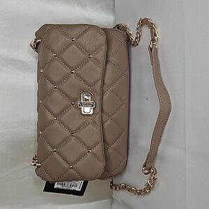 Badgley Mischka Crossbody Diamond Quilted Studded Taupe gold chain NWT